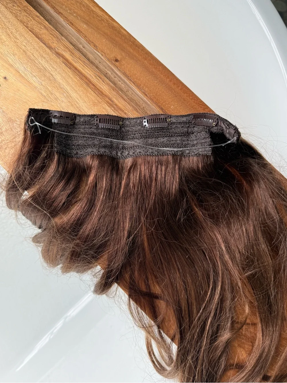 16" Chocolate Brown Balayage Halo® Hair Extensions (140g) from Luxy Hair - Picture 2 of 11